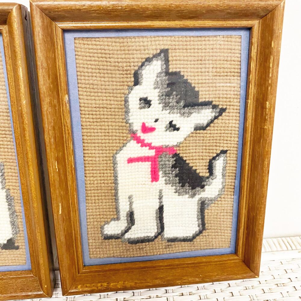 Vintage Cross Stitch Cat Dog Mini Framed Art - Picture 3 of 4